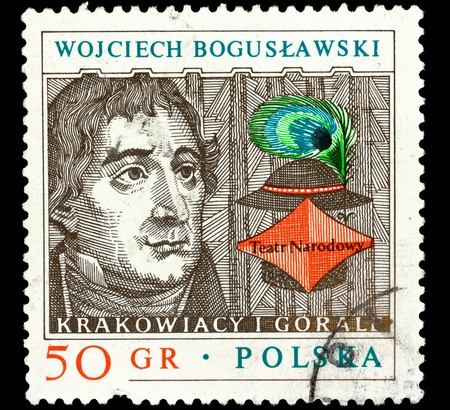 POLAND - CIRCA 1980. A stamp printed in Poland shows portrait of Polish actor, theater director and playwright Wojciech Boguslawski, circa 1980のeditorial素材