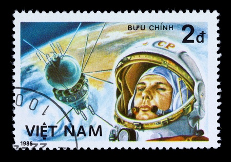 VIETNAM - CIRCA 1986:  A stamp printed in Vietnam. shows vietnam cosmonaut Pham Tuan ,circa 1986の写真素材