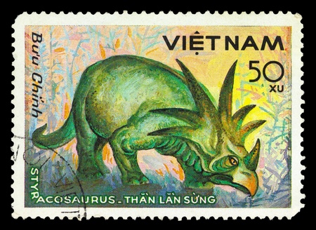 VIETNAM - CIRCA 1984: A stamp printed in Vietnam shows Styracosaurus, series devoted to prehistoric animals, circa 1984の写真素材
