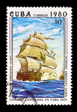 CUBA-CIRCA 1980: A stamp printed in CUBA shows Ship-building shipyard, circa 1980. Seriesの写真素材