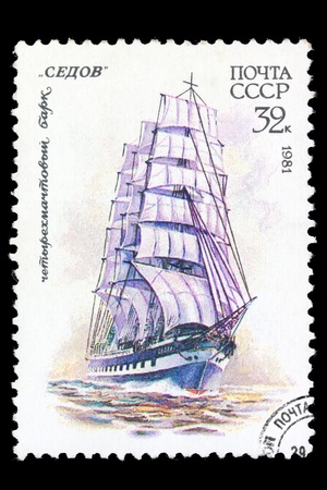 USSR- CIRCA 1981: a stamp printed by USSR, shows known old russian sailing four mast bark " Sedov ", series, circa 1981.の写真素材