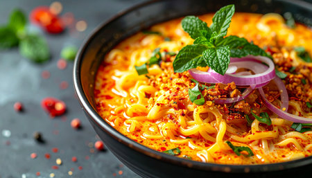 Spaghetti with minced meat and vegetables in a bowl on a black background.の素材