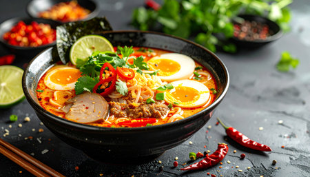 Tom yum kung, spicy noodle soup with beef, egg and vegetables in bowl on black backgroundの素材