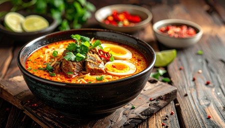 Thai spicy soup with beef, egg and vegetables in bowl on wooden tableの素材