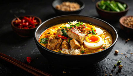 Rice with chicken and egg on a black background. Asian cuisineの素材