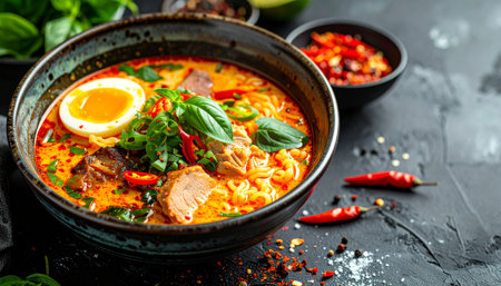 Bowl of spicy Thai soup with beef and egg on black backgroundの素材