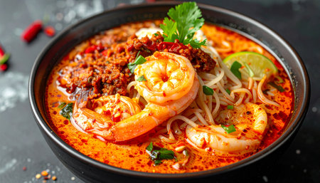 Tom yum goong spicy noodle soup with shrimps and prawns, Thai foodの素材