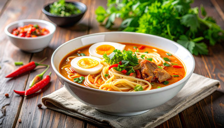 Bowl of spicy ramen noodle soup with pork and egg on wooden tableの素材