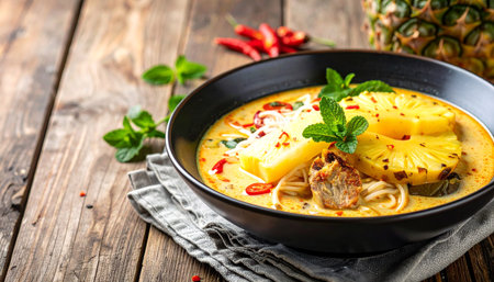 Pineapple soup with coconut milk and chili pepper on wooden backgroundの素材