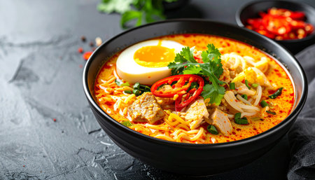 Tom yum kung spicy instant noodle soup with chicken, egg and vegetables on black backgroundの素材