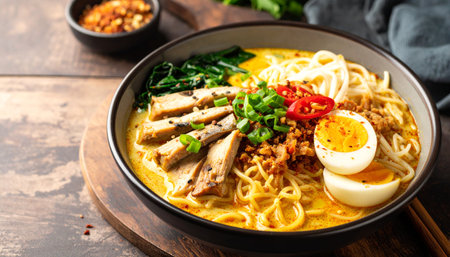 Ramen noodle soup with pork, egg and vegetables in bowlの素材