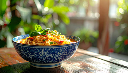Spaghetti with tomato sauce and basil leaf in blue bowl on wooden table.の素材