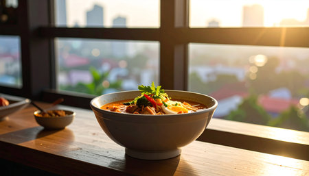 Tom Yum Goong, Thai spicy noodle soup in bowl on wooden tableの素材