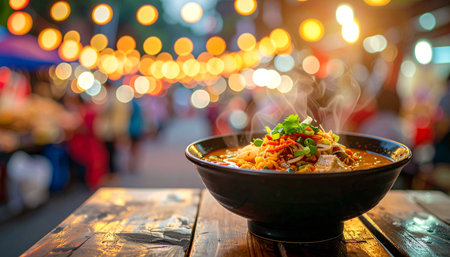 Thai spicy noodle soup in bowl on wooden table with bokeh backgroundの素材