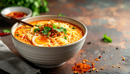 Bowl of spicy ramen noodle soup with egg on dark background.の素材
