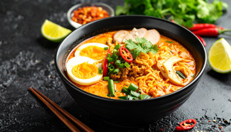 Tom yum kung, spicy instant noodle soup with pork, egg and cilantroの素材