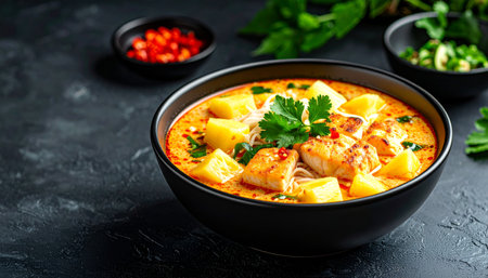 Thai spicy fish curry with coconut milk in bowl on black backgroundの素材