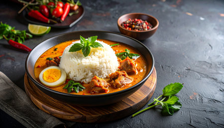 Red curry with pork, egg and rice on black background. Thai foodの素材