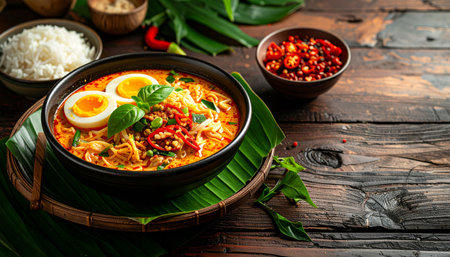 Thai spicy soup with chicken and egg in bowl on wooden backgroundの素材