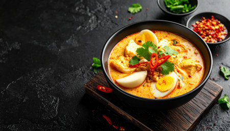 Thai tom yum soup with chicken and egg on black backgroundの素材