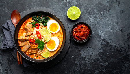 Korean spicy noodle soup with beef and egg on stone backgroundの素材
