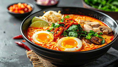 Tom yum kung, spicy noodle soup with chicken, mushrooms, egg and vegetables in bowlの素材