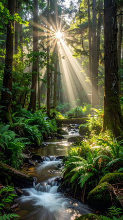Sun rays through the trees in the rainforest of California, USAの素材