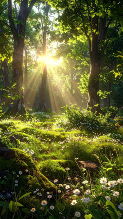 Beautiful spring morning in the forest with sun rays and green grassの素材