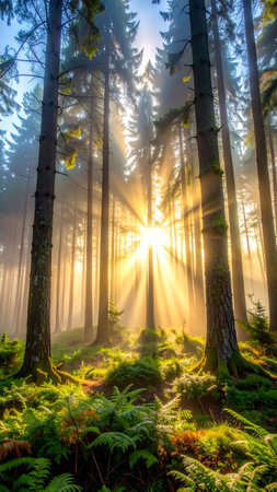 Sunrise in the forest with sun rays shining through the trees.の素材