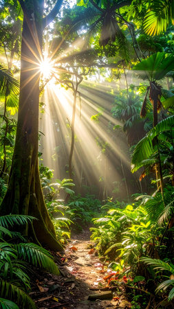 Sun rays shining through the trees in the rainforest of Costa Ricaの素材