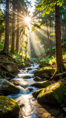 Mountain stream in the forest at sunrise with sun rays and green mossの素材