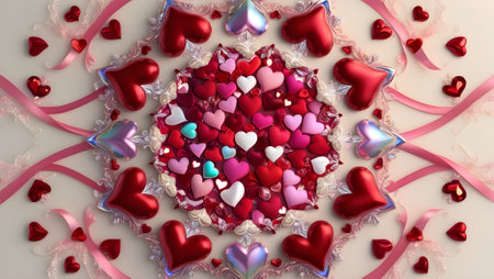 A vibrant Valentineâs-themed kaleidoscope of hearts and ribbonsの素材