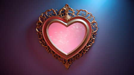 radiant heart-shaped mirror reflecting a glowing pink lightの素材