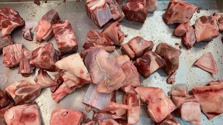 view of fresh raw beef cuts on tray