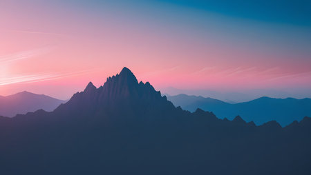 mountain range silhouette over gradient sky transitioning from dusk pink to twilight blueの素材