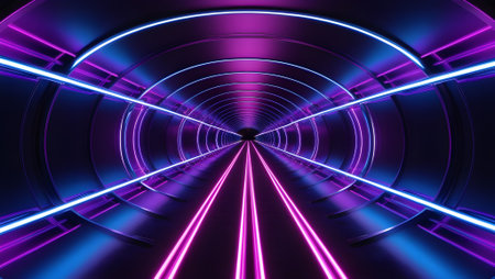 Futuristic neon light tunnel with symmetrical lines, vibrant purple and cyanの素材