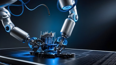 Close-up of a futuristic robot arm assembling parts, metallic and high-techの素材