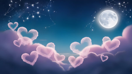 A dreamy Valentineâs night sky filled with heart-shaped clouds and sparkling starsの素材