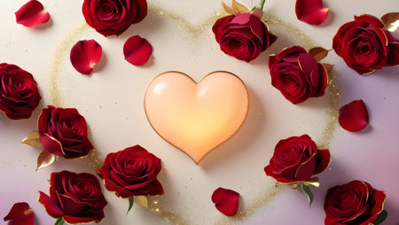 A romantic Valentineâs Day background with red roses, golden sparkles, and a glowing heart-shaped centerpieceの素材