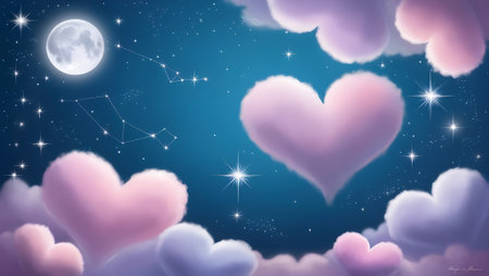 A dreamy Valentineâs night sky filled with heart-shaped clouds and sparkling starsの素材