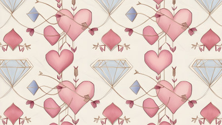 A Valentine-themed geometric pattern featuring hearts, diamonds, and pastel shades.の素材