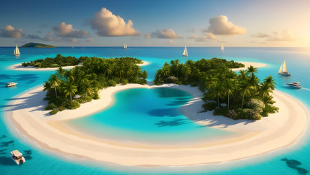 A romantic view of a heart-shaped island surrounded by turquoise watersの素材