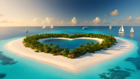 A romantic view of a heart-shaped island surrounded by turquoise watersの素材