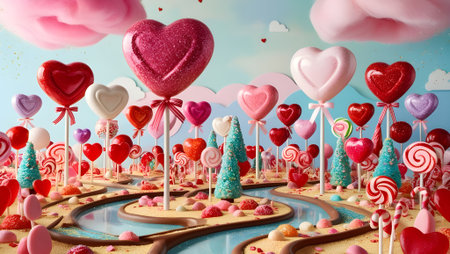 A 3D Valentineâs Day candy land filled with heart-shaped lollipops and chocolate riversの素材