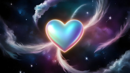 A glowing heart at the center of a starry galaxyの素材