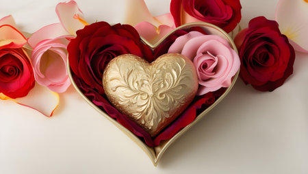 A golden heart nestled within a bed of vibrant red and pink petalsの素材