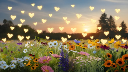 A serene field of wildflowers with glowing heart-shaped firefliesの素材