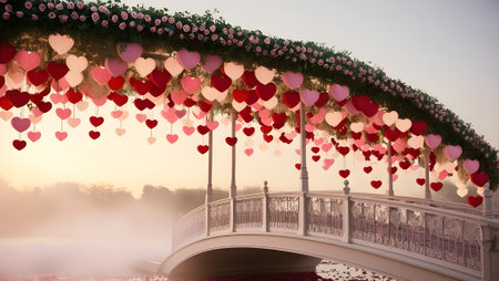 bridge covered in heart or love shaped lanterns and petalsの素材