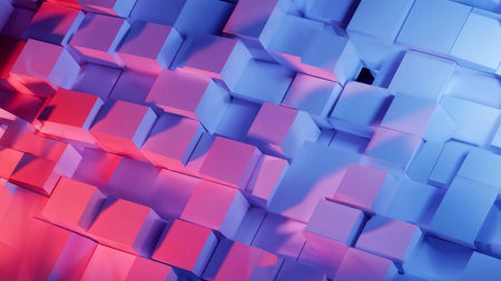 Generate AI, hexagonal patterns in shades of red blue and white cascade across a three-dimensional planeの素材