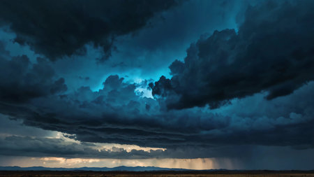 background, An abstract stormy sky with gradients of charcoal gray and electric blueの素材